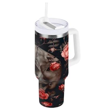 Imagem de SEHANY Copo de caveira e rosas de 850 g com alça, copo isolado de aço inoxidável a vácuo de parede dupla, caneca de café à prova de vazamento, copo isolado para viagem, cabe no suporte de copo de