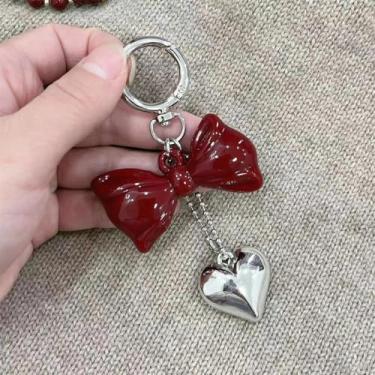Imagem de 1 chaveiro fofo com pingente de amor com laço vermelho profundo, pingente de telefone feminino moderno, acessório de bolsa, presente de festa, 1c, tamanho �nico