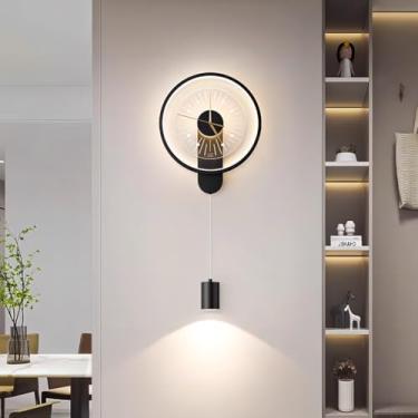 Imagem de Arandela de parede LED com relógio, decoração criativa com iluminação em 3 cores, design de relógio, luminária de parede preta, iluminação moderna para sala de estar, sala de jantar, escritó