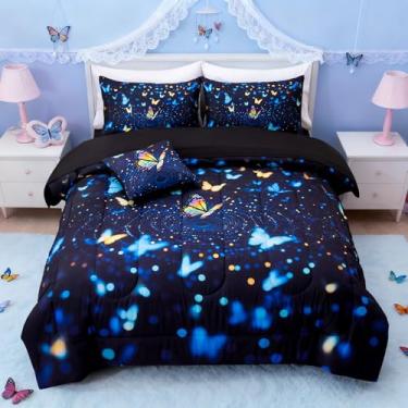Imagem de A Nice Night Jogo de cama com estampa de borboleta, 3D, Queen, 6 peças, efeito de luz noturna neon vibrante para quarto de meninas e meninos, preto e azul