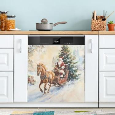 Imagem de xigua Aquarela Natal Papai Noel capa magnética para lava-louças, adesivos magnéticos decorativos antiarranhões para painel de geladeira e lava-louças, decoração personalizada de cozinha doméstica 58 x