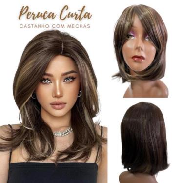 Imagem de Peruca Wig Curta Corte Moderno Castanho com Mechas Com franja - BHAIR