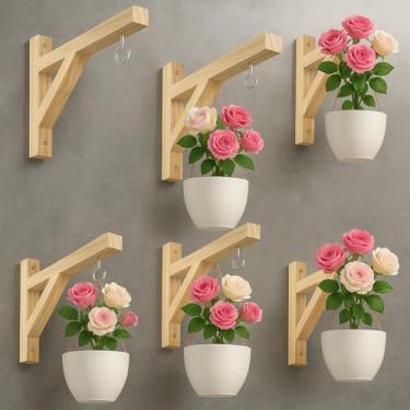 Imagem de Suporte de Parede em Madeira Natural para Plantas – Kit com 6 Peças. Mão francesa decorativa para vasos suspensos e prateleiras