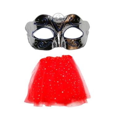 Imagem de Kit Fantasia de Carnaval Máscara Prata Saia Tule Vermelha