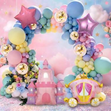 Imagem de PAKESI Kit de arco de guirlanda de balões de princesa fada, 157 peças, rosa pastel, roxo, azul, dourado com coroa de castelo, balões de alumínio para meninas, festa de aniversário de princesa