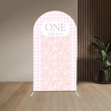 Imagem de Aerdce One Silly Goose Arch Capa de fundo de 1,8 m, xadrez rosa, elástico, com suporte para decoração de festa de chá de bebê