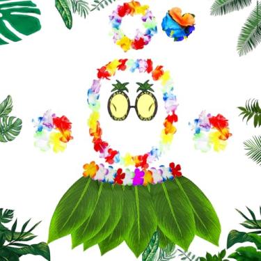Imagem de Zeyoy Luau Outfits Hawaiian Aloha Flor Folha Grama Hula Saia Leis Conjunto de Grampo de Cabelo Óculos de Sol Guirlanda para Festa Tropical Havaiana Hula Grama Saia Combinando Flores Elásticas para