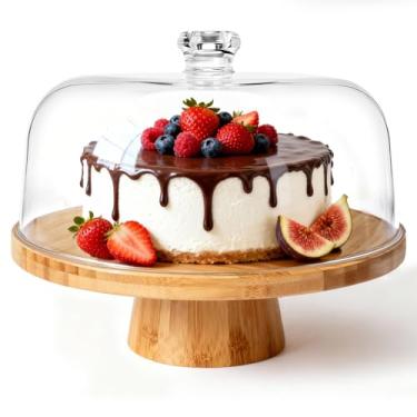 Imagem de Masthome Suporte de bolo de Natal de bambu com tampa, suporte de bolo 6 em 1 com tampa, prato de servir multifuncional, suporte de exibição de sobremesas e tábua de charcutaria para nozes, batatas