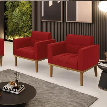 Imagem de Poltrona Sala Decorativa Kit 2 Elisa Base Madeira Castanho Veludo Marsala D03 - D'Rossi