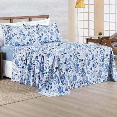Imagem de Jogo de Lençol Benim Queen 4 Peças Micropercal 400 Fios Estampado - Loli Azul Floral - 100% Poliéster