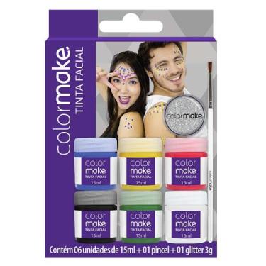 Imagem de Kit Tinta Facial Líquida Pincel e Glitter 15ml - 6 Unidades - Color Ma
