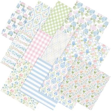 Imagem de Moukeren 12 pacotes de tecido de algodão hortênsia 45,7 cm x 55,8 cm aquarela pastel floral quartos gordos flores xadrez listras tecidos de costura para decoração de festa artesanal DIY