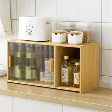 Imagem de Armário de armazenamento de bancada - Despensa de cozinha independente com 2 portas de vidro deslizantes, armário de exibição para cozinha e sala de estar, solução de armazenamento versátil