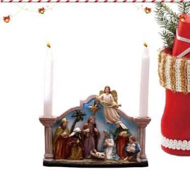 Imagem de Suporte de vela de presépio - Estatuetas de castiçal de Natal | Ornamento de estátua de presépio de resina para casa cristã católica castiçal decoração para lareira manto mesa feriado