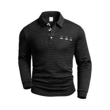 Imagem de Camisas Polo Masculinas De Manga Longa Em Cores Sólidas Com Detalhes E