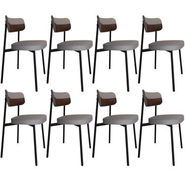 Imagem de Kit 08 Cadeiras Estofada Para Sala De Jantar Astrid Preto C01 Linho Cinza Courino Whisky - Lyam Decor