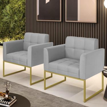 Imagem de Poltrona Sala Decorativa Kit 2 Elisa Base Industrial Dourada Sintético Cinza D03 - D'rossi