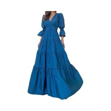 Imagem de Vestido Maxi Boêmio Com Manga Bufante, Casual De Verão, Decote Em V, C