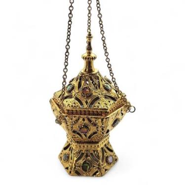 Imagem de Turíbulo Sacro Defumador Divino Metal Dourado com Pedras - Mandala