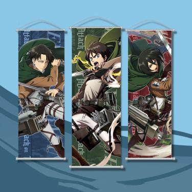 Imagem de Pôster Attack on Titan Eren Levi Mikasa, tecido 25x75cm