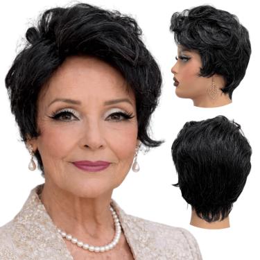 Imagem de Peruca curta preta fios grisalhos orgânica pixie wig 280