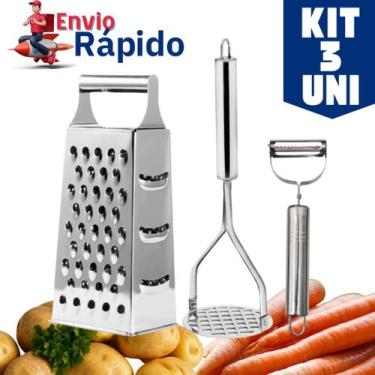 Imagem de Kit 3 Utensilio Amassador De Batatas Inox Descascador Inox Frutas Legu