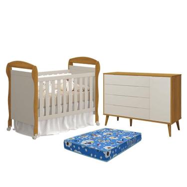 Imagem de Berço Americano Danny Com Colchão Ortobom E Cômoda Com Porta Elfe Retrô Areia Savana Acetinado Amadeirado - Reller