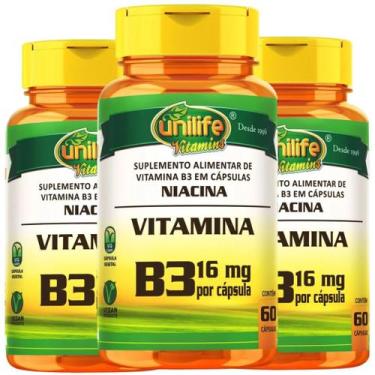 Imagem de Vitamina B3 Niacina Vegana 60 cápsulas de 500mg Kit com 3 - Unilife, U