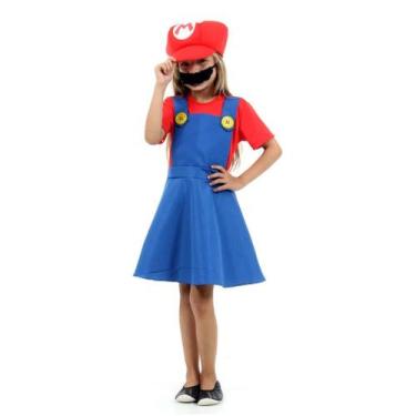 Imagem de Fantasia Super Mario Feminina Infantil Luxo com Chapéu e Bigode - Sula