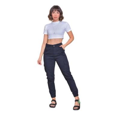 Imagem de Calça Cargo Onze Denim Jogger Feminina Bege - Preta, Preto, 42, Femini