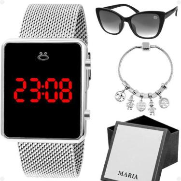 Imagem de relogio feminino prata led + pulseira + oculos sol + caixa gatinho cas