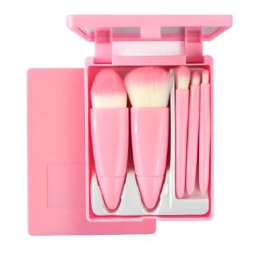 Imagem de Kit com 5 Pincéis p/ Maquiagem e Espelho Rosa - Genérico
