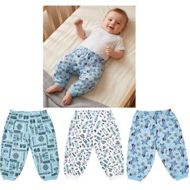 Imagem de KIT 3 CALÇAS ESTAMPADAS COM PUNHO PARA BEBÊ ÓTIMA QUALIDADE COR:2 Azul