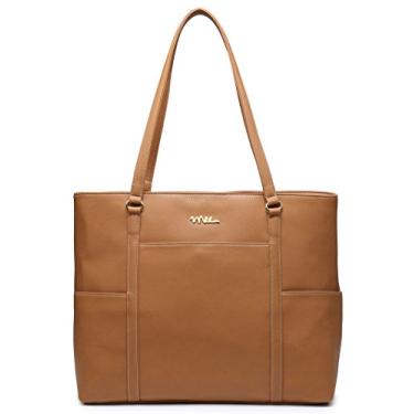 Imagem de NNEE Bolsa de couro clássica para laptop de 15 notebooks de 15,6 polegadas, bolsa de transporte de viagem com design de alça de carrinho inteligente - marrom claro