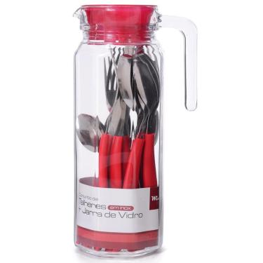 Imagem de Conjunto De Talheres Inox 16Pçs + Jarra De Vidro Vermelho 1L