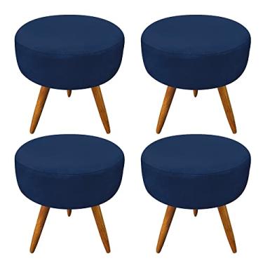 Imagem de Kit 4 Puffs Banqueta Redonda Nina Suede Azul Marinho Pés Palito Castanho - Pallazio