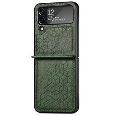 Imagem de YINGDAFENG Capa para Samsung Galaxy Z Flip 4, capa traseira de couro PU capa protetora de PC rígida capa de telefone slim fit suporte de carregamento sem fio capa de telefone dobrável, verde