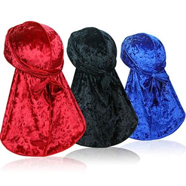 Imagem de ASHILISIA 3 peças Durag de veludo amassado – bandanas Durag sedosas com cauda extra longa perfeita para 360 ondas