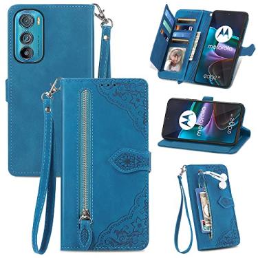 Imagem de Capas de telefone com slots de cartão de luxo compatíveis com Motorola Edge 30 Edge30 capa de couro cordão de negócios com zíper carteira clipe de telefone (azul, Motorola Edge 30)