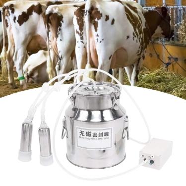 Imagem de Kit de ordenha, 14L portátil de velocidade ajustável elétrica para vacas / ovelhas ordenhadoras elétricas de pulsação com 2 tetas, balde de leite de aço inoxidável para vacas bovinas cabra ovelhas (vaca EUA)