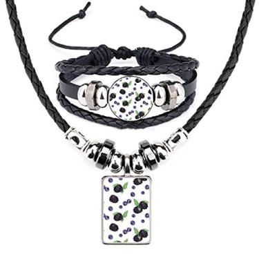 Imagem de Conjunto de joias de pulseira de couro com estampa de ilustração de aquarela e frutas de blueberry