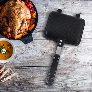 Imagem de panela antiaderente de fundo plano,Frigideira de dupla face, panela de máquina de waffle de liga de alumínio com revestimento antiaderente, com alças duplas, para máquina de panini de café da manhã d
