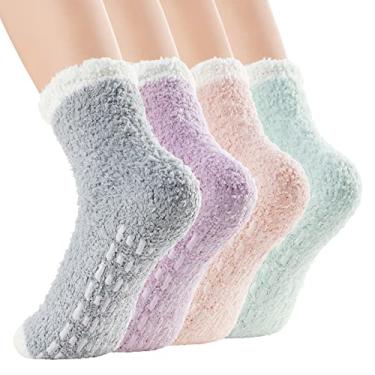 Imagem de Zando Meias femininas felpudas quentes meias de inverno fofas meias felpudas aconchegantes meias de lã atléticas meias de lã fofas, K 4/Cor de emenda de babados brancos, One Size