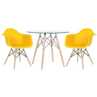 Imagem de Mesa Redonda Eames Com Tampo De Vidro 90 Cm + 2 Cadeiras Eiffel Daw Amarelo Amarelo