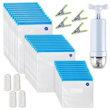 Imagem de 35 PCS Saco de armazenamento de alimentos a vácuo Sacos seladores a vácuo reutilizáveis 3 tamanhos com 1 bomba manual 4 clipes de cozinha 4 clipes de vedação Sacos Sous Vide para carne vegetal