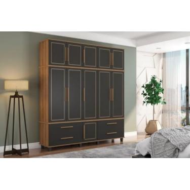 Imagem de Roupeiro/Guarda Roupas HOU Triplex 5 Portas + 4 Gavetas Com Cabideiros em Alumínio e Puxadores Amadeirados Cor Nature/Grafite