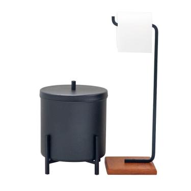 Imagem de Kit Lixeira Alumínio Banheiro Cozinha com Papeleira Base Madeira Preto Fosco D01 Clique...