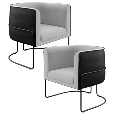 Imagem de Kit 02 Poltronas Fixas Base Aço Preto Betina D02 Linho Cinza D-315 Corano Preto - Lyam Decor