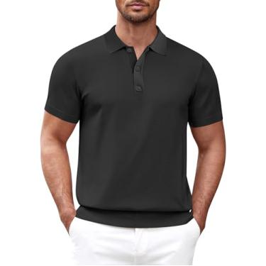 Imagem de Camisa polo masculina de malha casual manga curta clássica básica abotoada camisas de golfe, Preto, M