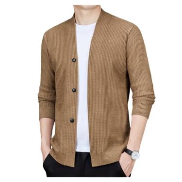 Imagem de Suéter masculino de malha de botão de cor sólida cardigã leve manga longa casual, Cáqui, XXG